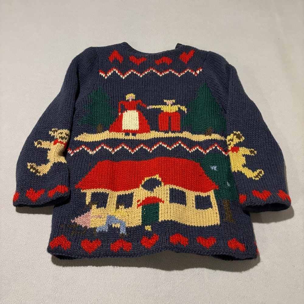Hand Knit Folk Art Intarsia Cardigan Womens Medium Lined Navy Blue House Heart - Picture 5 of 6